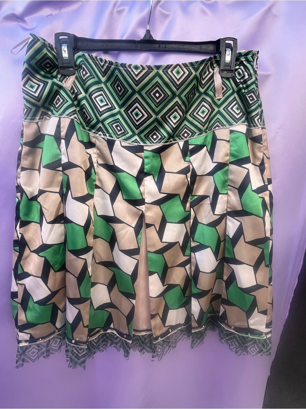Biba Green, Cream & Black Geometric A-Line Skirt